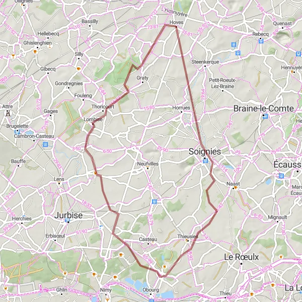 Karten-Miniaturansicht der Radinspiration "Gravel-Rundfahrt von Hoves nach Thieusies" in Prov. Hainaut, Belgium. Erstellt vom Tarmacs.app-Routenplaner für Radtouren