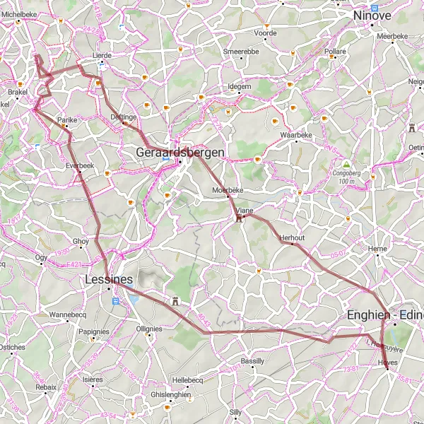 Map miniature of "The Gravel Adventure: Lessines to Geraardsbergen" cycling inspiration in Prov. Hainaut, Belgium. Generated by Tarmacs.app cycling route planner