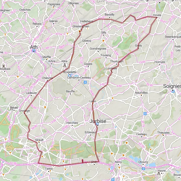 Miniatuurkaart van de fietsinspiratie "Gravelroute rond Hoves: ontdek Ghlin en Labliau - Abele" in Prov. Hainaut, Belgium. Gemaakt door de Tarmacs.app fietsrouteplanner