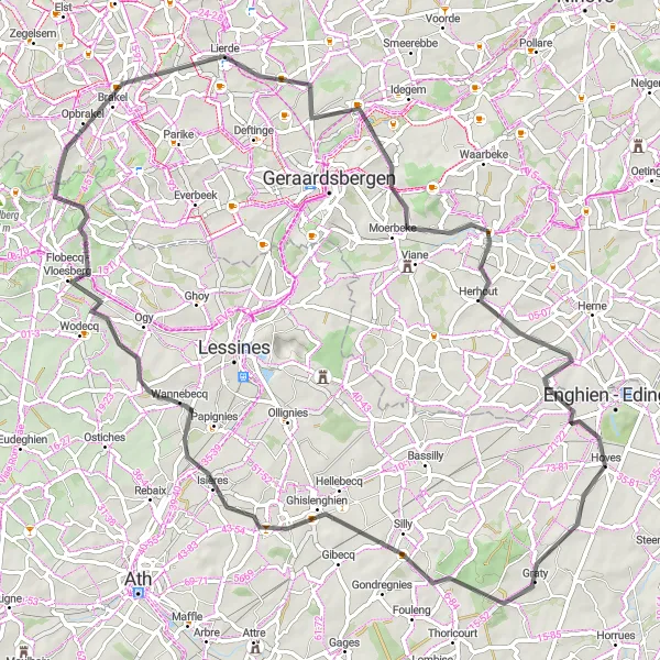 Karten-Miniaturansicht der Radinspiration "Panoramatische Hügelrunde von Hoves" in Prov. Hainaut, Belgium. Erstellt vom Tarmacs.app-Routenplaner für Radtouren