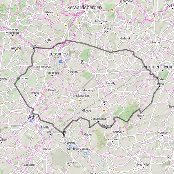 Karten-Miniaturansicht der Radinspiration "Tour de Hoves - Fouleng - Ath - Ogy - Bever - Biévène - Marcq" in Prov. Hainaut, Belgium. Erstellt vom Tarmacs.app-Routenplaner für Radtouren