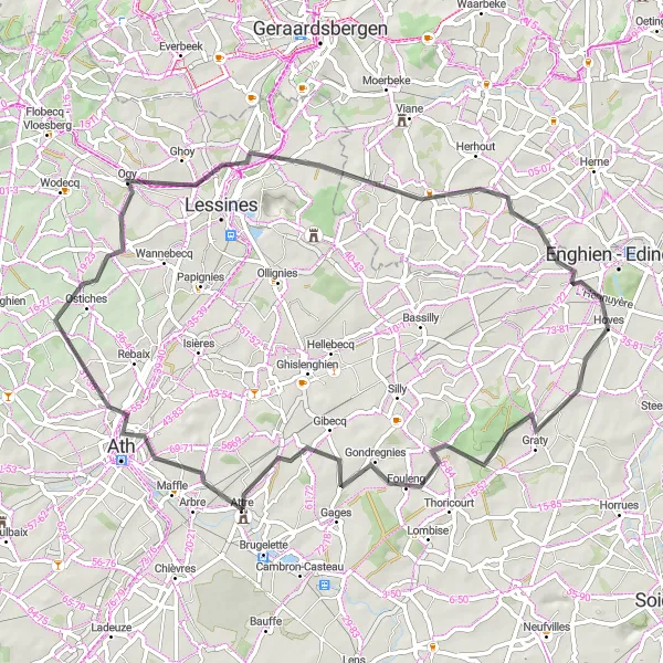 Miniatuurkaart van de fietsinspiratie "Hoves en omgeving" in Prov. Hainaut, Belgium. Gemaakt door de Tarmacs.app fietsrouteplanner