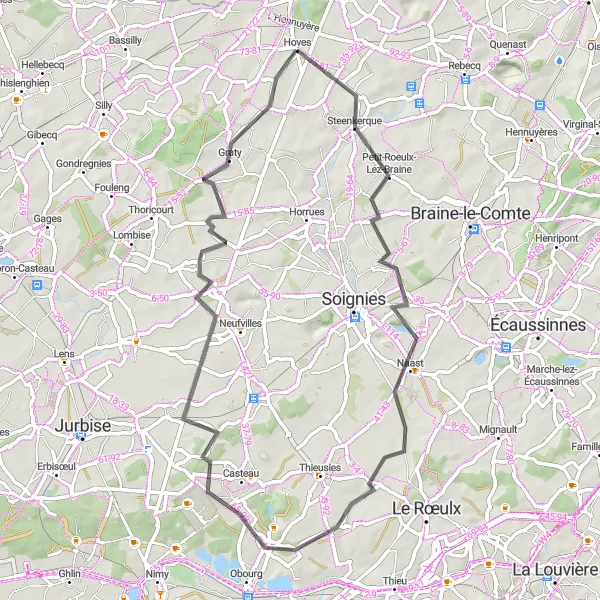 Miniature de la carte de l'inspiration cycliste "De Steenkerque à Graty" dans la Prov. Hainaut, Belgium. Générée par le planificateur d'itinéraire cycliste Tarmacs.app