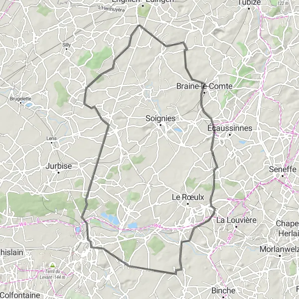 Miniature de la carte de l'inspiration cycliste "De Braine-le-Comte à Mons" dans la Prov. Hainaut, Belgium. Générée par le planificateur d'itinéraire cycliste Tarmacs.app