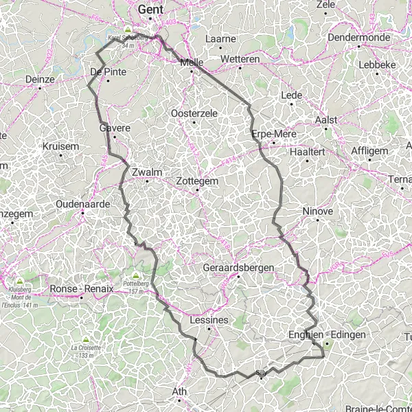 Karten-Miniaturansicht der Radinspiration "Hoves - Ghislenghien - Kiosque à musique - Berg ten Stene - Horebeke - Zingem - Sint-Martens-Latem - Karel Sabbeberg - Melle - Burst - Aspelare - Congoberg - Marcq" in Prov. Hainaut, Belgium. Erstellt vom Tarmacs.app-Routenplaner für Radtouren