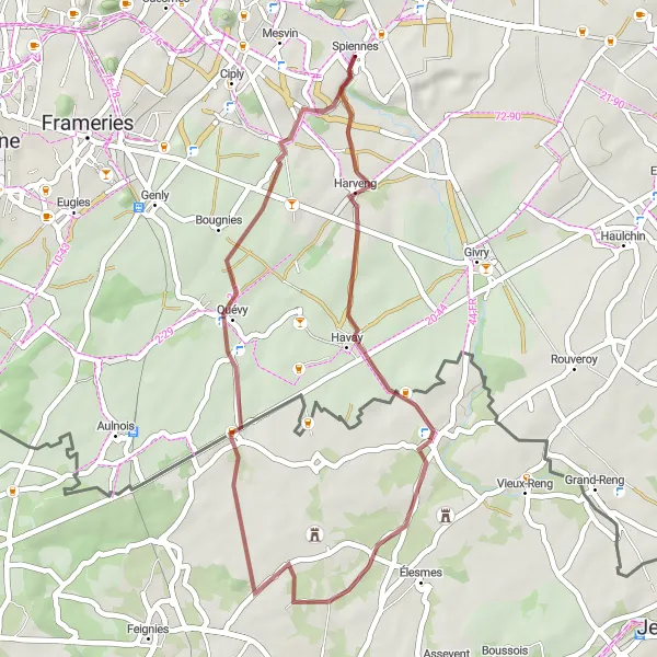 Map miniature of "Spiennes and Gognies-Chaussée Gravel Loop" cycling inspiration in Prov. Hainaut, Belgium. Generated by Tarmacs.app cycling route planner