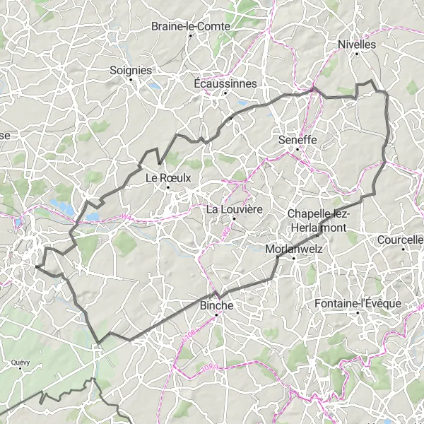 Map miniature of "Mont Panisel and Gouy-lez-Piéton Road Loop" cycling inspiration in Prov. Hainaut, Belgium. Generated by Tarmacs.app cycling route planner
