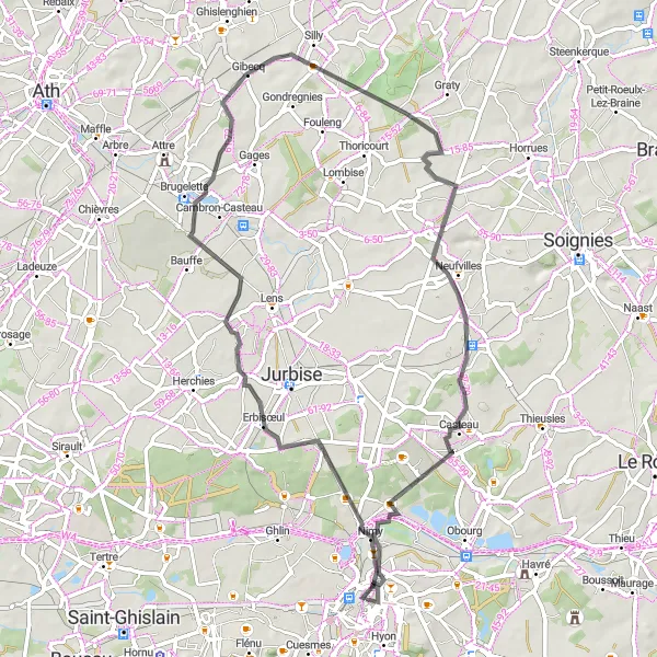 Map miniature of "Mons and Cultural Delights" cycling inspiration in Prov. Hainaut, Belgium. Generated by Tarmacs.app cycling route planner