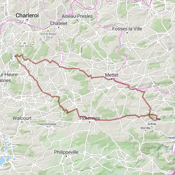 Miniatuurkaart van de fietsinspiratie "Avontuurlijke graveltocht langs Gerpinnes en Somzée" in Prov. Hainaut, Belgium. Gemaakt door de Tarmacs.app fietsrouteplanner