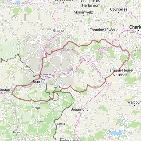 Map miniature of "Rural Gravel Loop to Jamioulx" cycling inspiration in Prov. Hainaut, Belgium. Generated by Tarmacs.app cycling route planner