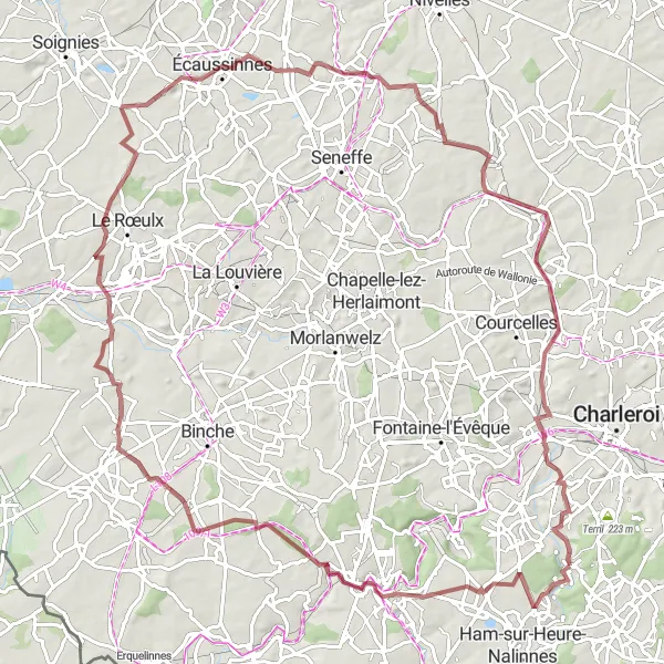 Miniatuurkaart van de fietsinspiratie "Gravelroute vanuit Jamioulx naar Petit-Rœulx-lez-Nivelles" in Prov. Hainaut, Belgium. Gemaakt door de Tarmacs.app fietsrouteplanner