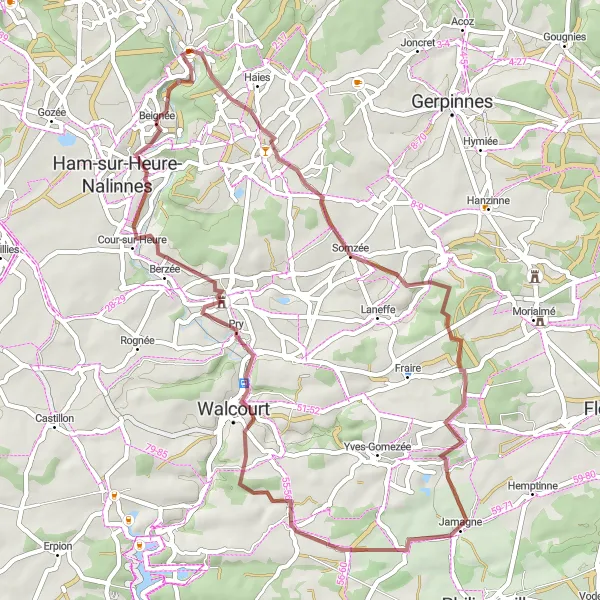 Karten-Miniaturansicht der Radinspiration "Gravel-Tour durch die ländliche Umgebung von Jamioulx" in Prov. Hainaut, Belgium. Erstellt vom Tarmacs.app-Routenplaner für Radtouren