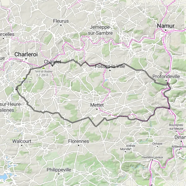 Karten-Miniaturansicht der Radinspiration "Straßenradtour um Jamioulx" in Prov. Hainaut, Belgium. Erstellt vom Tarmacs.app-Routenplaner für Radtouren