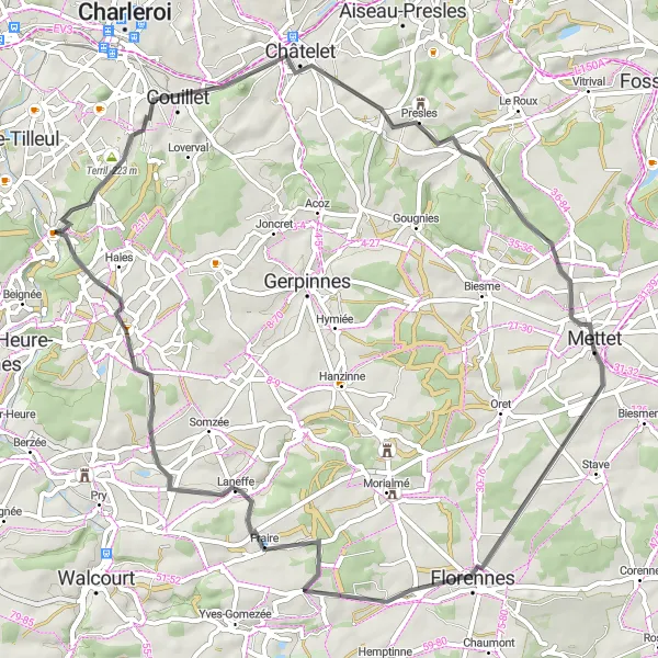 Map miniature of "Exploring Châteaux" cycling inspiration in Prov. Hainaut, Belgium. Generated by Tarmacs.app cycling route planner