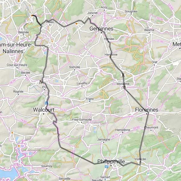 Karten-Miniaturansicht der Radinspiration "Straßenrundtour durch Hanzinne und Vogenée" in Prov. Hainaut, Belgium. Erstellt vom Tarmacs.app-Routenplaner für Radtouren