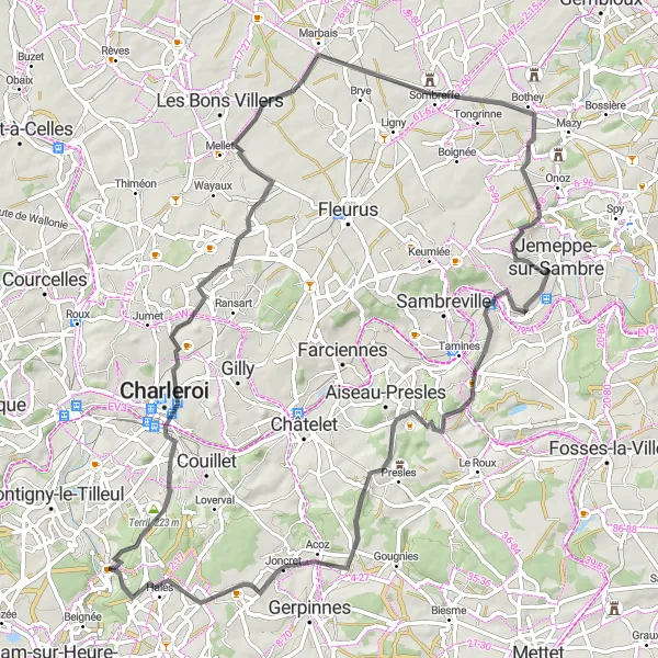 Karten-Miniaturansicht der Radinspiration "Straßenrundweg um Jamioulx" in Prov. Hainaut, Belgium. Erstellt vom Tarmacs.app-Routenplaner für Radtouren
