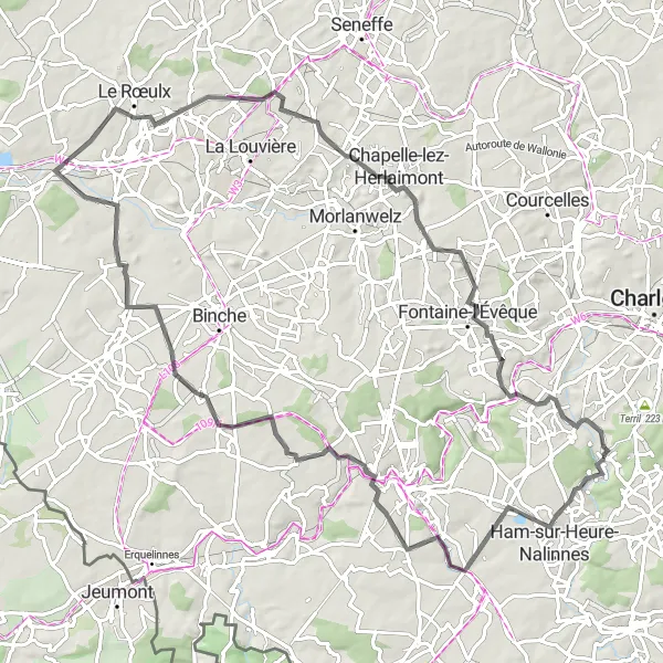 Karten-Miniaturansicht der Radinspiration "Straßenrundtour durch Vellereille-les-Brayeux und Fayt-lez-Manage" in Prov. Hainaut, Belgium. Erstellt vom Tarmacs.app-Routenplaner für Radtouren