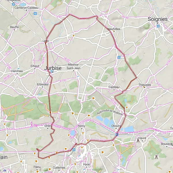 Map miniature of "Jemappes to Ghlin and Obourg" cycling inspiration in Prov. Hainaut, Belgium. Generated by Tarmacs.app cycling route planner