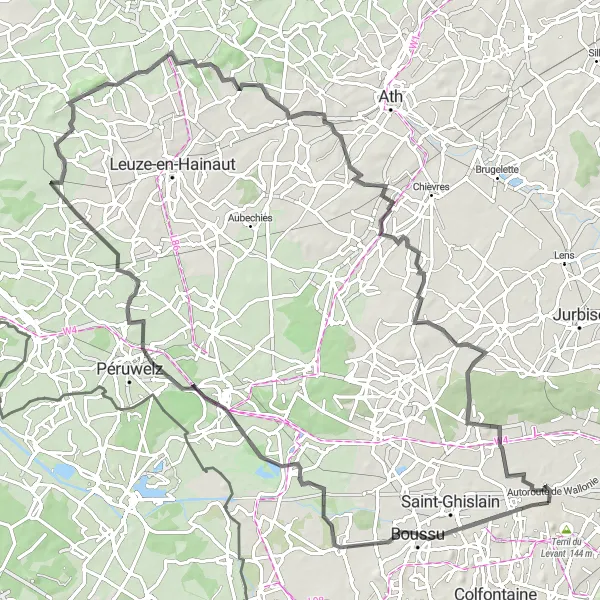 Map miniature of "Challenging Road Cycling Route to Baudour" cycling inspiration in Prov. Hainaut, Belgium. Generated by Tarmacs.app cycling route planner
