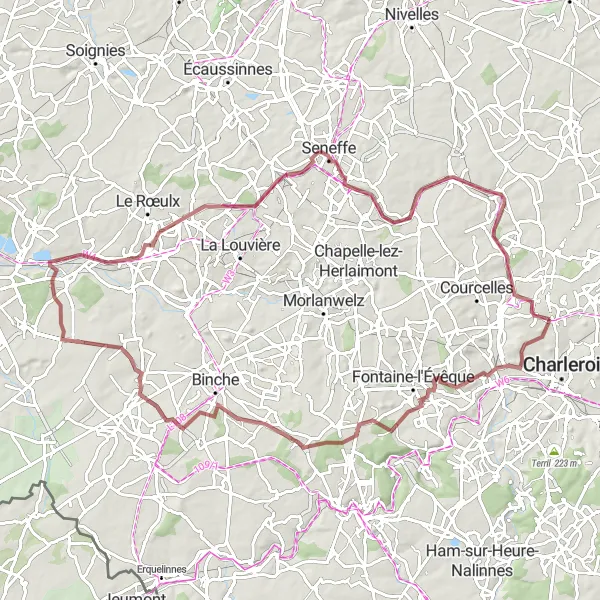 Map miniature of "Terril Belle-Vue and Terril d'Havré Gravel Adventure" cycling inspiration in Prov. Hainaut, Belgium. Generated by Tarmacs.app cycling route planner