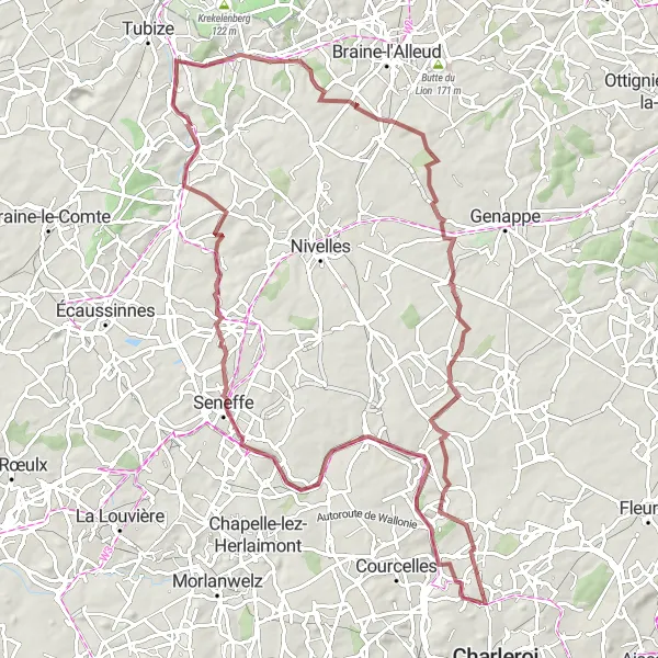 Map miniature of "Pont-à-Celles and Château de Houtain-le-Val Loop" cycling inspiration in Prov. Hainaut, Belgium. Generated by Tarmacs.app cycling route planner