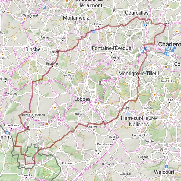 Miniature de la carte de l'inspiration cycliste "Parcours de gravel Belle-Vue - Courcelles" dans la Prov. Hainaut, Belgium. Générée par le planificateur d'itinéraire cycliste Tarmacs.app
