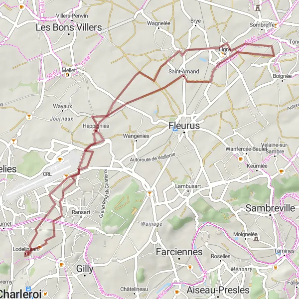 Map miniature of "Peaceful Gravel Escape: Saint-Amand and Lodelinsart" cycling inspiration in Prov. Hainaut, Belgium. Generated by Tarmacs.app cycling route planner