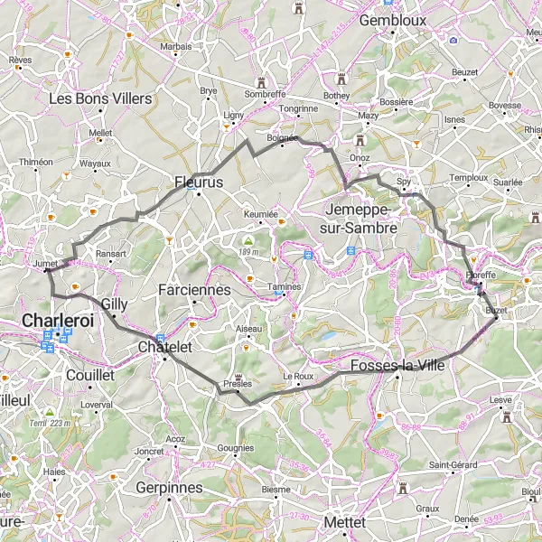 Map miniature of "Historic Fleurus and Châtelet Road Tour" cycling inspiration in Prov. Hainaut, Belgium. Generated by Tarmacs.app cycling route planner