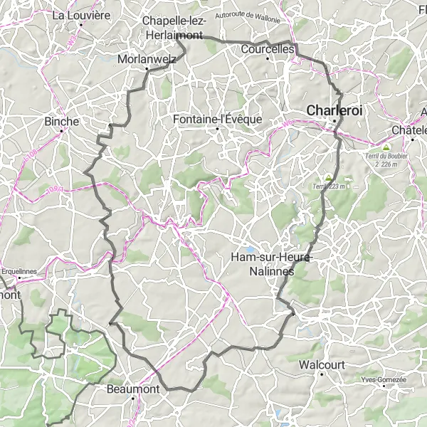 Map miniature of "Lodelinsart and Château de Trazegnies Challenge" cycling inspiration in Prov. Hainaut, Belgium. Generated by Tarmacs.app cycling route planner