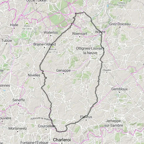 Map miniature of "Jumet Terril and Lion's Mound Circuit" cycling inspiration in Prov. Hainaut, Belgium. Generated by Tarmacs.app cycling route planner