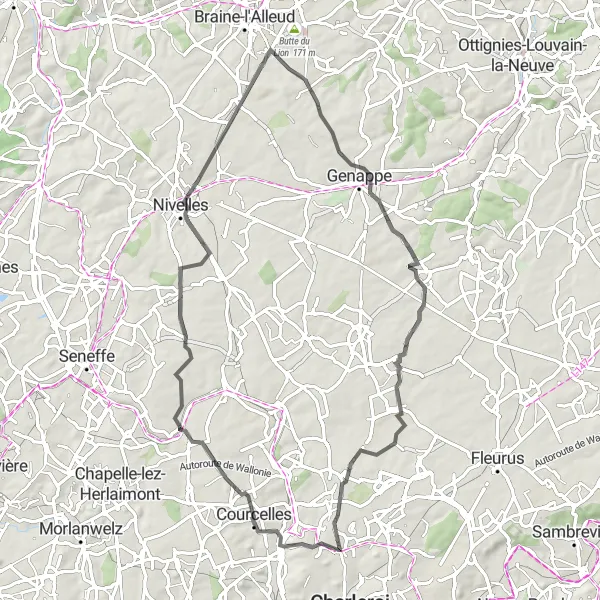 Karten-Miniaturansicht der Radinspiration "Rund um Jumet: Bergige Straßenroute" in Prov. Hainaut, Belgium. Erstellt vom Tarmacs.app-Routenplaner für Radtouren