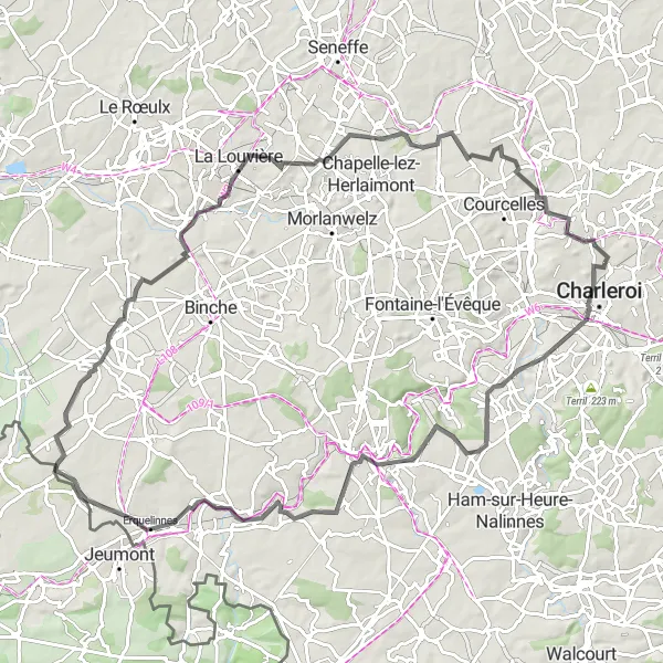 Map miniature of "Jumet Historical Circuit: Terrils and Castles" cycling inspiration in Prov. Hainaut, Belgium. Generated by Tarmacs.app cycling route planner