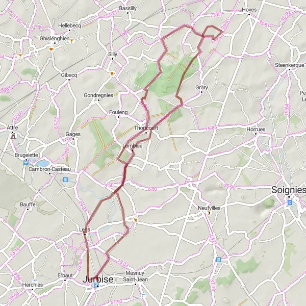 Map miniature of "Lombise Discovery" cycling inspiration in Prov. Hainaut, Belgium. Generated by Tarmacs.app cycling route planner