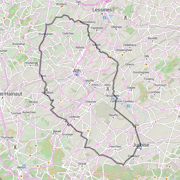 Map miniature of "The Hilly Loop" cycling inspiration in Prov. Hainaut, Belgium. Generated by Tarmacs.app cycling route planner