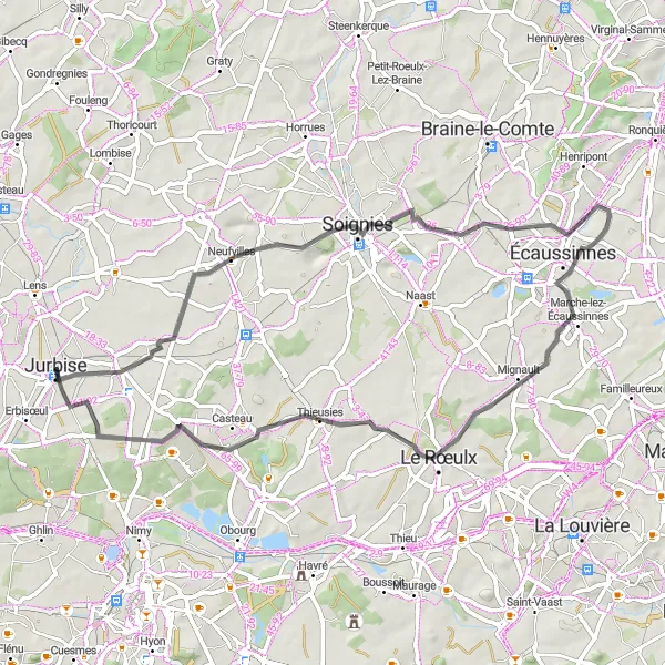 Karten-Miniaturansicht der Radinspiration "Radtour durch historische Dörfer" in Prov. Hainaut, Belgium. Erstellt vom Tarmacs.app-Routenplaner für Radtouren
