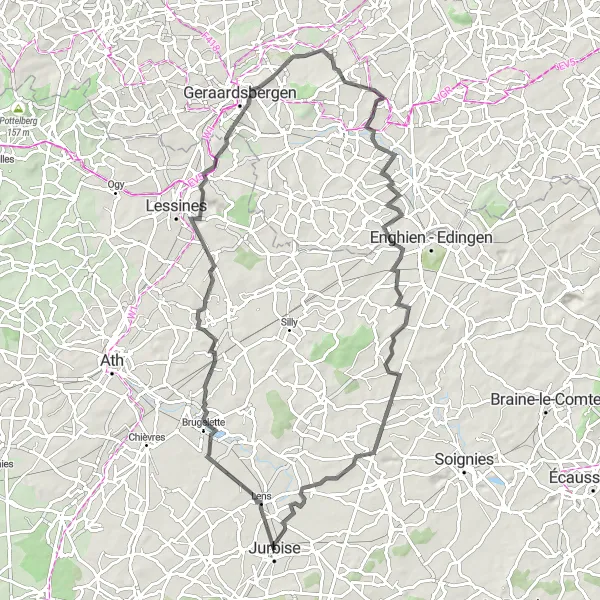 Miniatuurkaart van de fietsinspiratie "Uitdagende route van Jurbise naar Chaussée-Notre-Dame-Louvignies" in Prov. Hainaut, Belgium. Gemaakt door de Tarmacs.app fietsrouteplanner