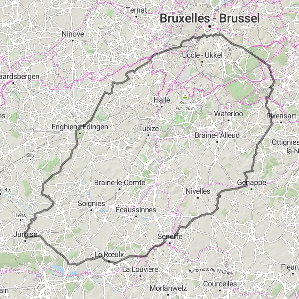 Karten-Miniaturansicht der Radinspiration "Rundtour von Jurbise nach Graty und zurück" in Prov. Hainaut, Belgium. Erstellt vom Tarmacs.app-Routenplaner für Radtouren