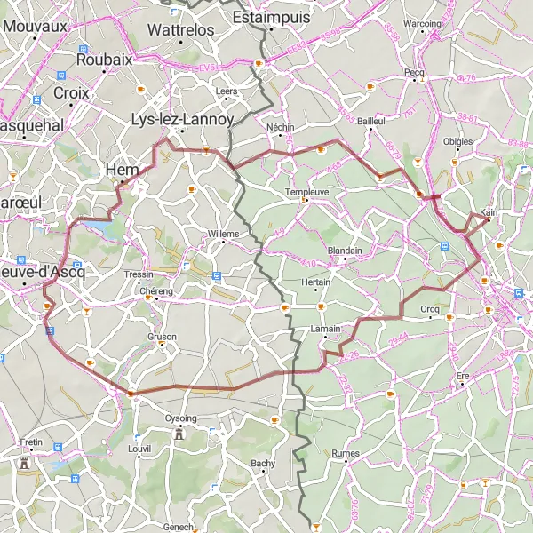 Karten-Miniaturansicht der Radinspiration "Gravel-Radtour von Kain" in Prov. Hainaut, Belgium. Erstellt vom Tarmacs.app-Routenplaner für Radtouren