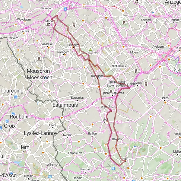 Miniatuurkaart van de fietsinspiratie "Avontuurlijke gravelroute naar Spiere-Helkijn" in Prov. Hainaut, Belgium. Gemaakt door de Tarmacs.app fietsrouteplanner