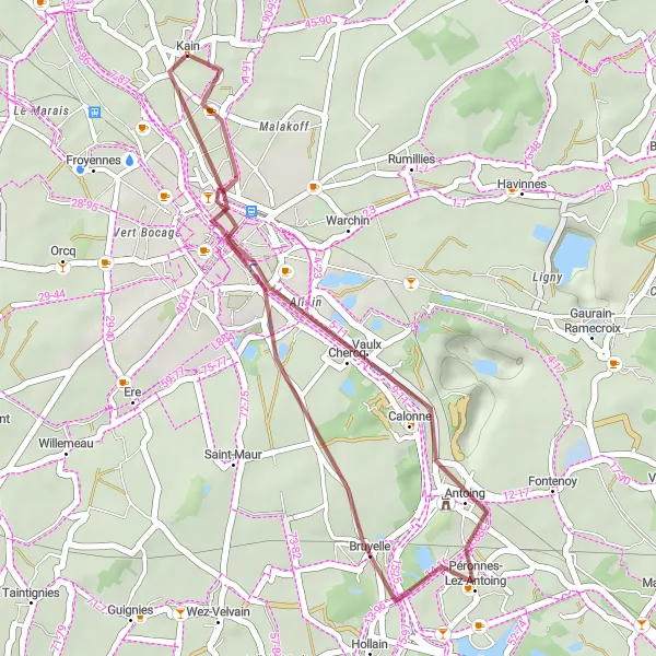 Map miniature of "Gravel Route through Antoing and Fours à Chaux" cycling inspiration in Prov. Hainaut, Belgium. Generated by Tarmacs.app cycling route planner