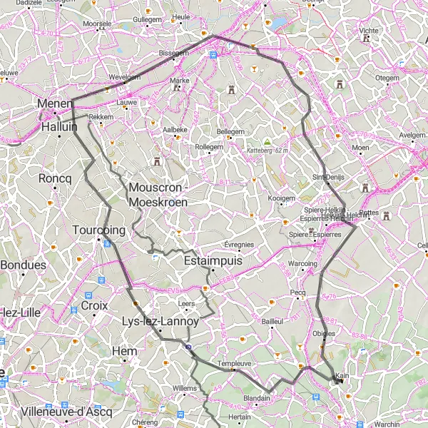 Karten-Miniaturansicht der Radinspiration "Tour de Kain nach Kortrijk" in Prov. Hainaut, Belgium. Erstellt vom Tarmacs.app-Routenplaner für Radtouren