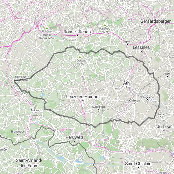 Miniature de la carte de l'inspiration cycliste "La boucle des collines Road Challenge" dans la Prov. Hainaut, Belgium. Générée par le planificateur d'itinéraire cycliste Tarmacs.app