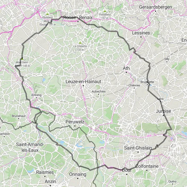 Map miniature of "Road Route to Famous Climbs" cycling inspiration in Prov. Hainaut, Belgium. Generated by Tarmacs.app cycling route planner