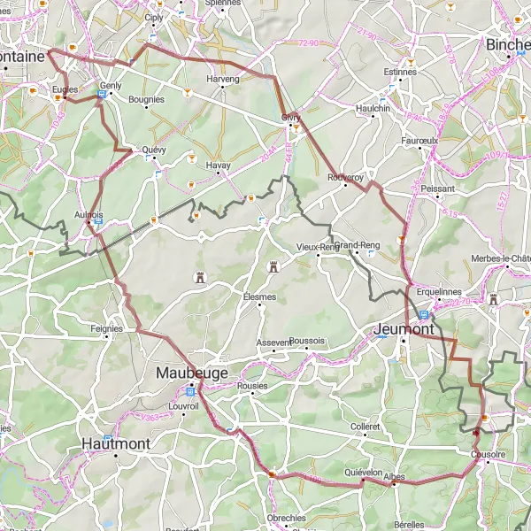 Karten-Miniaturansicht der Radinspiration "Gravel-Tour von La Bouverie nach Eugies" in Prov. Hainaut, Belgium. Erstellt vom Tarmacs.app-Routenplaner für Radtouren