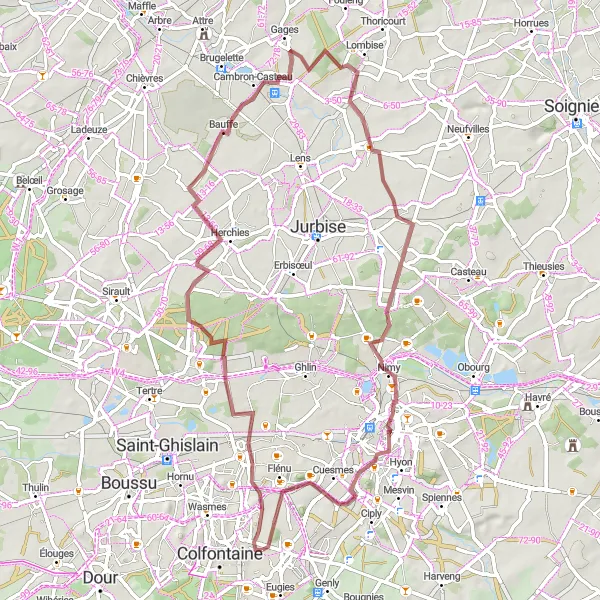 Map miniature of "Herchies Adventure" cycling inspiration in Prov. Hainaut, Belgium. Generated by Tarmacs.app cycling route planner