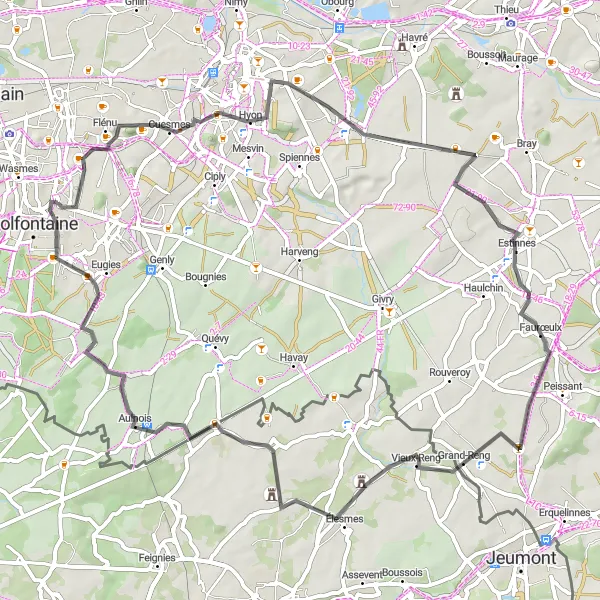 Karten-Miniaturansicht der Radinspiration "Rundtour von La Bouverie über Hyon nach Pâturages" in Prov. Hainaut, Belgium. Erstellt vom Tarmacs.app-Routenplaner für Radtouren
