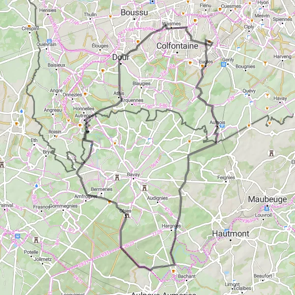 Miniatuurkaart van de fietsinspiratie "Roadtrip vanuit La Bouverie naar Dour en Frameries" in Prov. Hainaut, Belgium. Gemaakt door de Tarmacs.app fietsrouteplanner