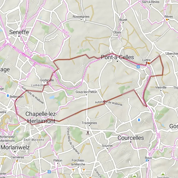 Miniature de la carte de l'inspiration cycliste "Boucle Gravel à Luttre" dans la Prov. Hainaut, Belgium. Générée par le planificateur d'itinéraire cycliste Tarmacs.app