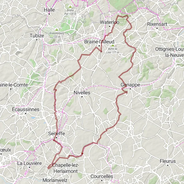 Miniatuurkaart van de fietsinspiratie "Gravelrit van La Hestre naar Château de Houtain-le-Val" in Prov. Hainaut, Belgium. Gemaakt door de Tarmacs.app fietsrouteplanner