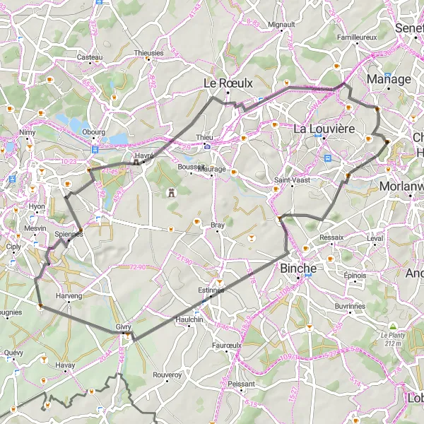 Miniature de la carte de l'inspiration cycliste "La Route des Villages de l'Ouest" dans la Prov. Hainaut, Belgium. Générée par le planificateur d'itinéraire cycliste Tarmacs.app